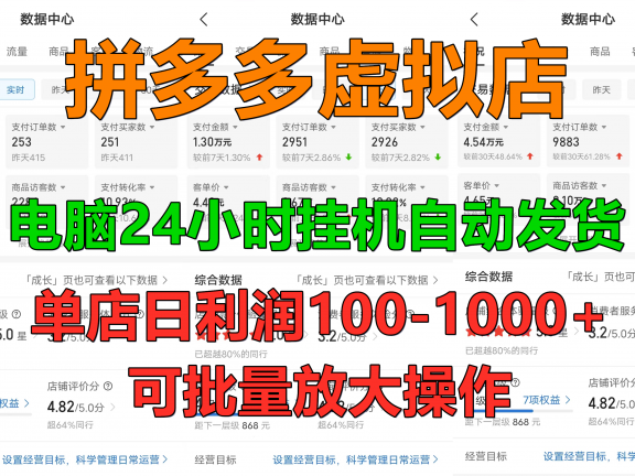 新手首选项目,拼多多虚拟店,单店日利润100-1000+,挂机全自动发货,长久稳定可批量放大操作